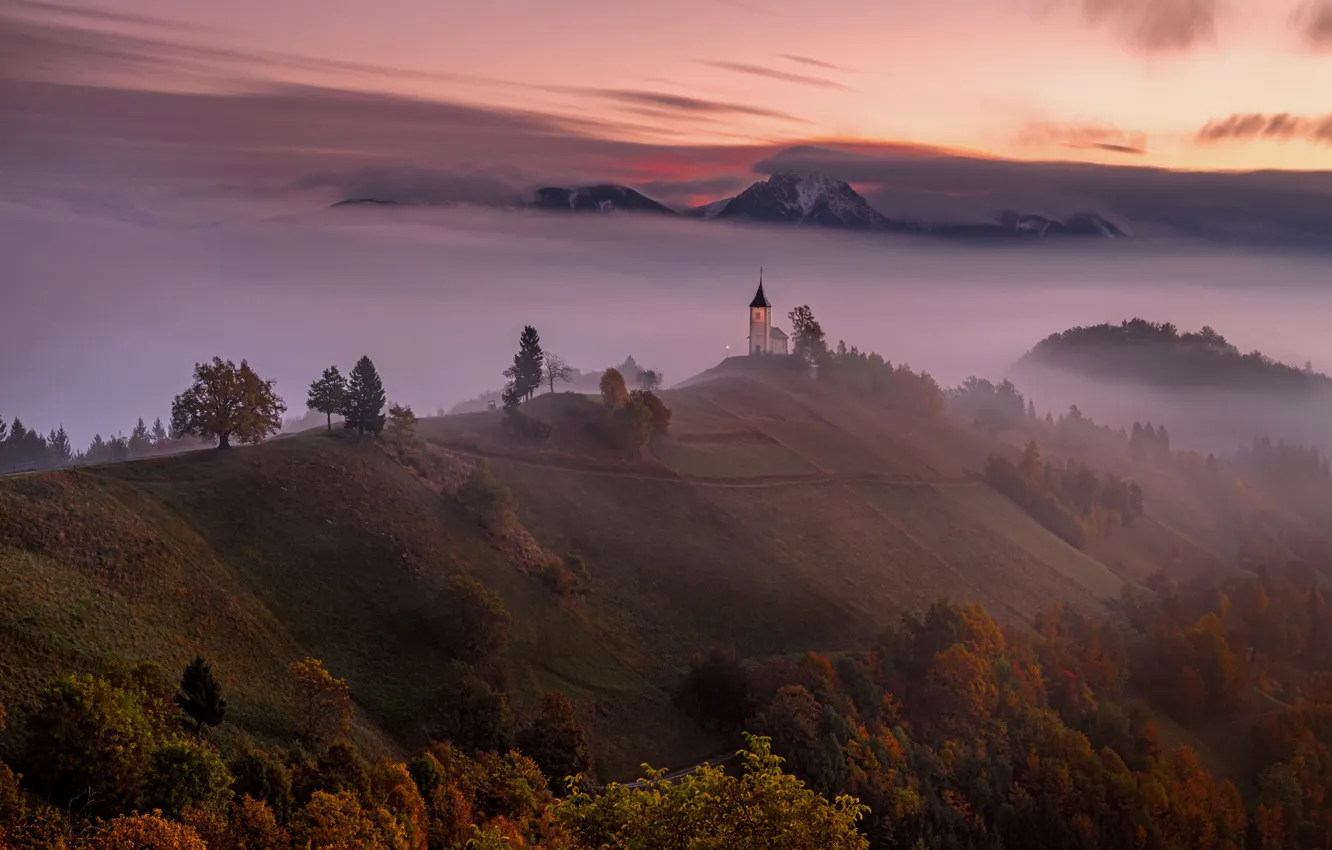 Photo wallpaper autumn, trees, mountains, fog, morning, Church, Slovenia, Slovenia