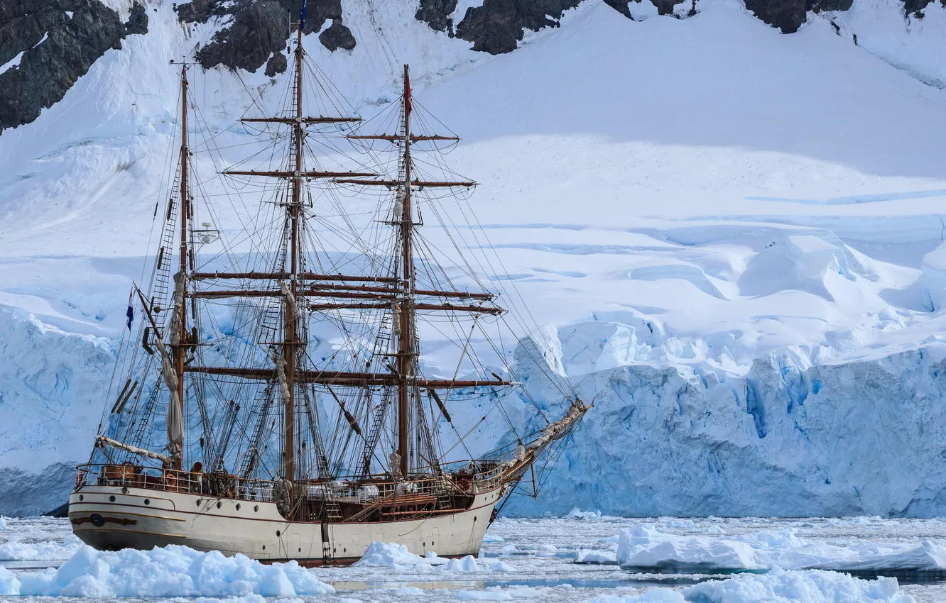 Photo wallpaper winter, ship, sailboat