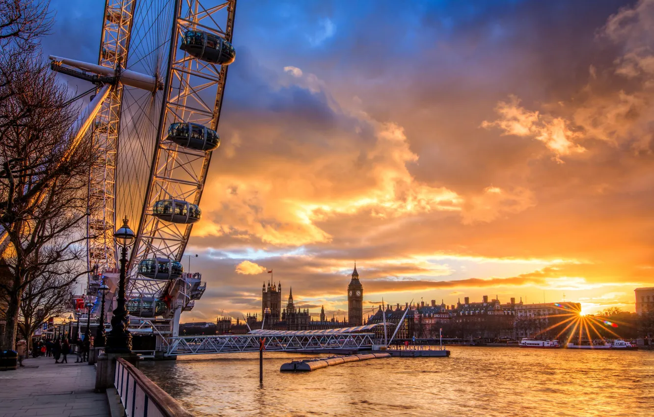 Photo wallpaper the sun, clouds, sunset, city, the city, river, England, London