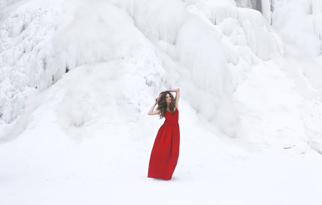 Photo wallpaper winter, snow, pose, model, dress, red dress