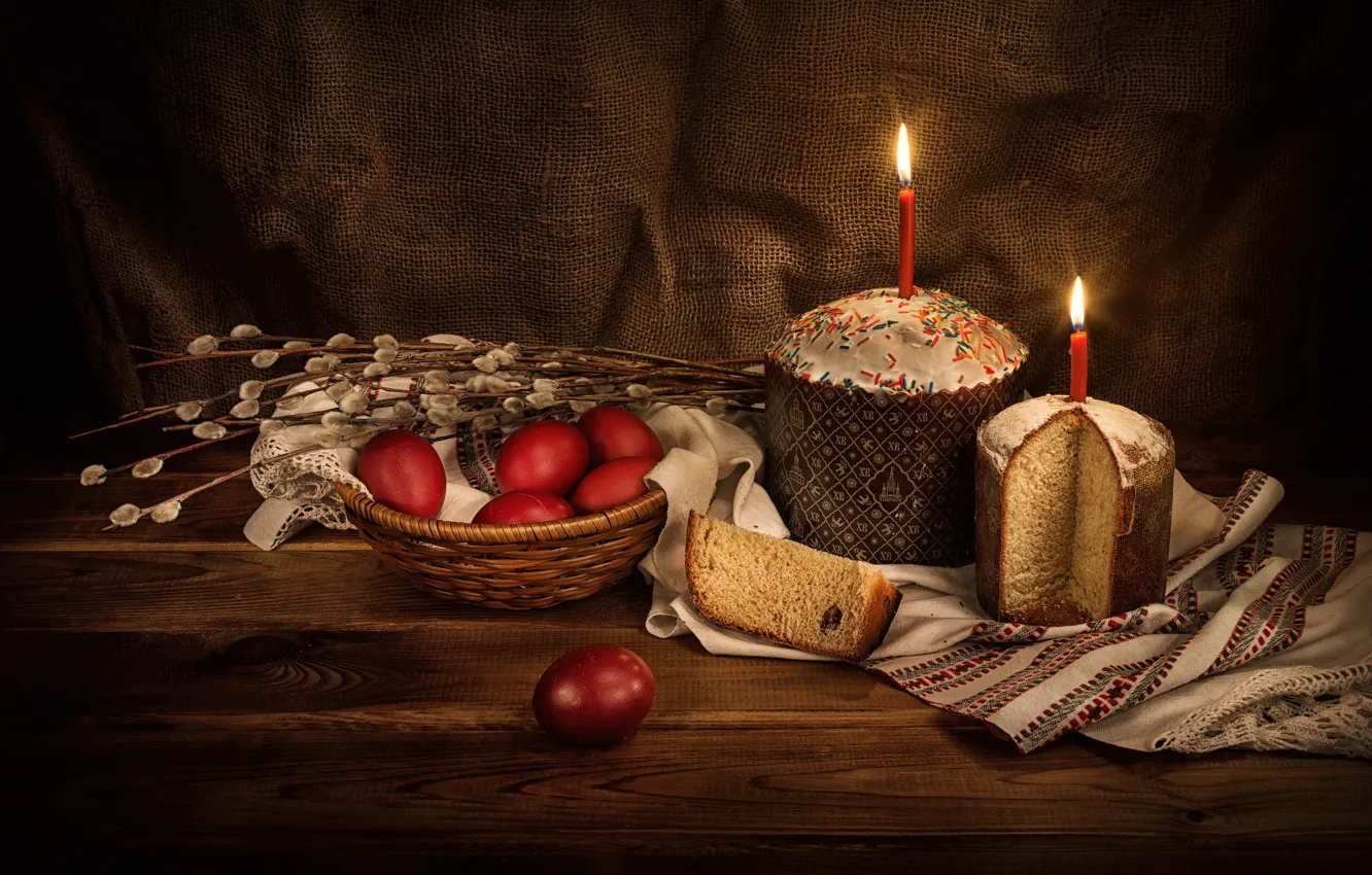Photo wallpaper branches, eggs, towel, candles, Easter, cake, Verba, eggs