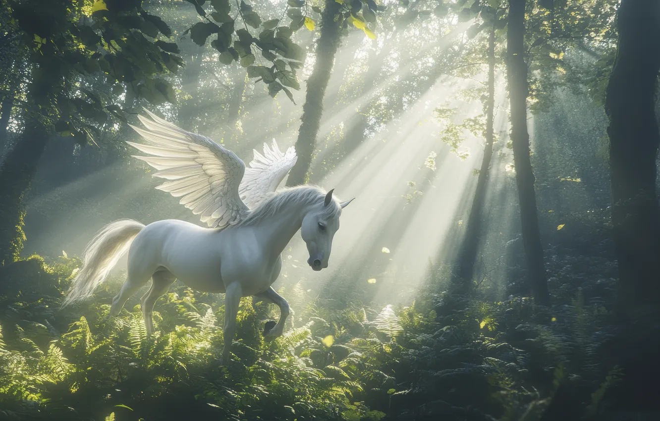 Photo wallpaper forest, trees, dawn, horse, wings, Pegasus, the rays of the sun, digital art