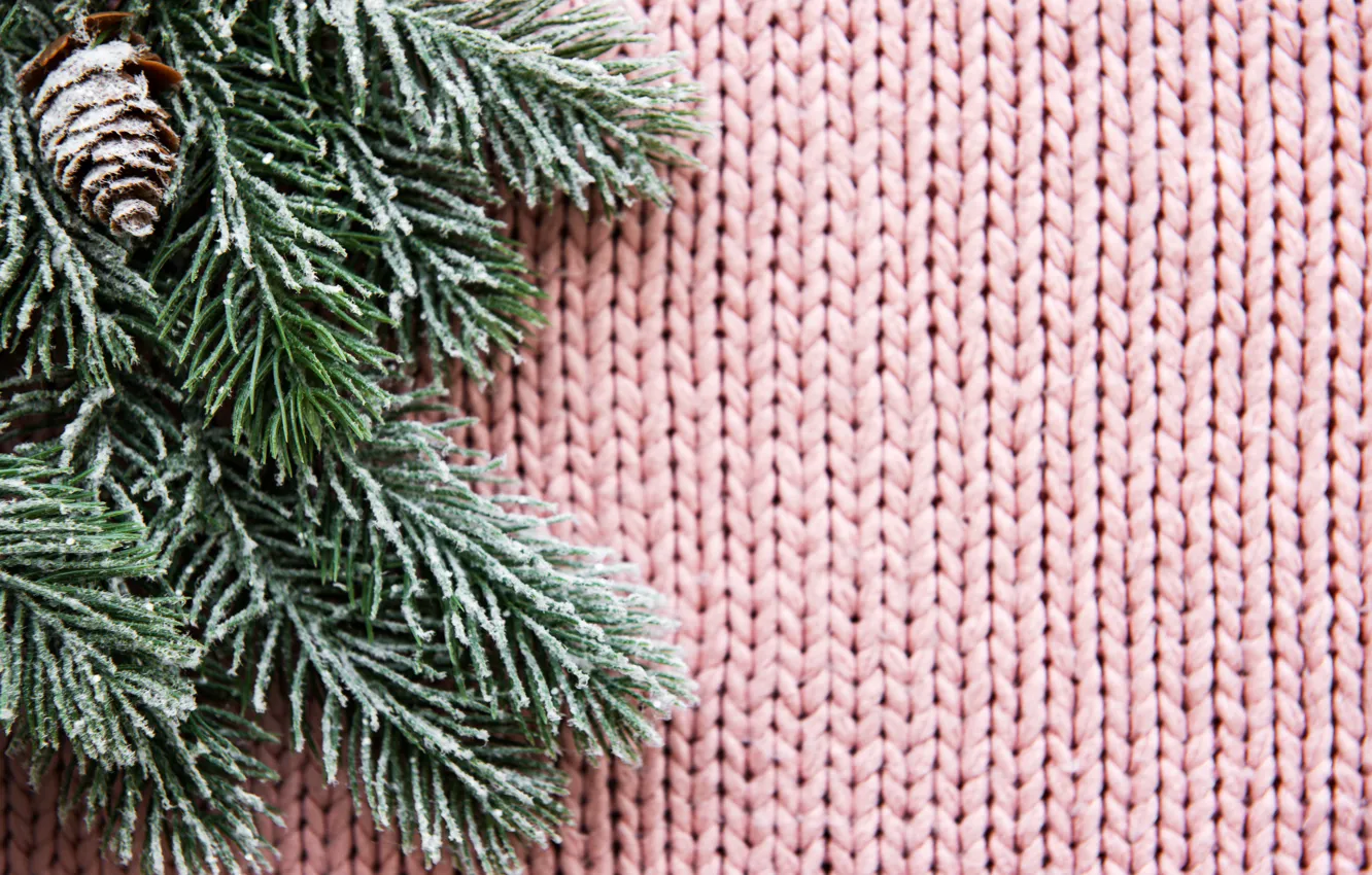 Photo wallpaper winter, snow, pink, wool, winter, snow, knitted, fir-tree branches