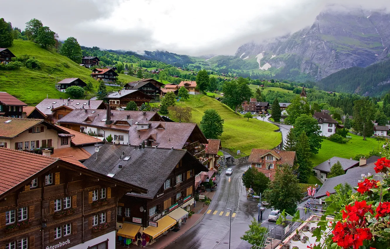 Photo wallpaper forest, mountains, home, Switzerland, valley, town, Grindelwald