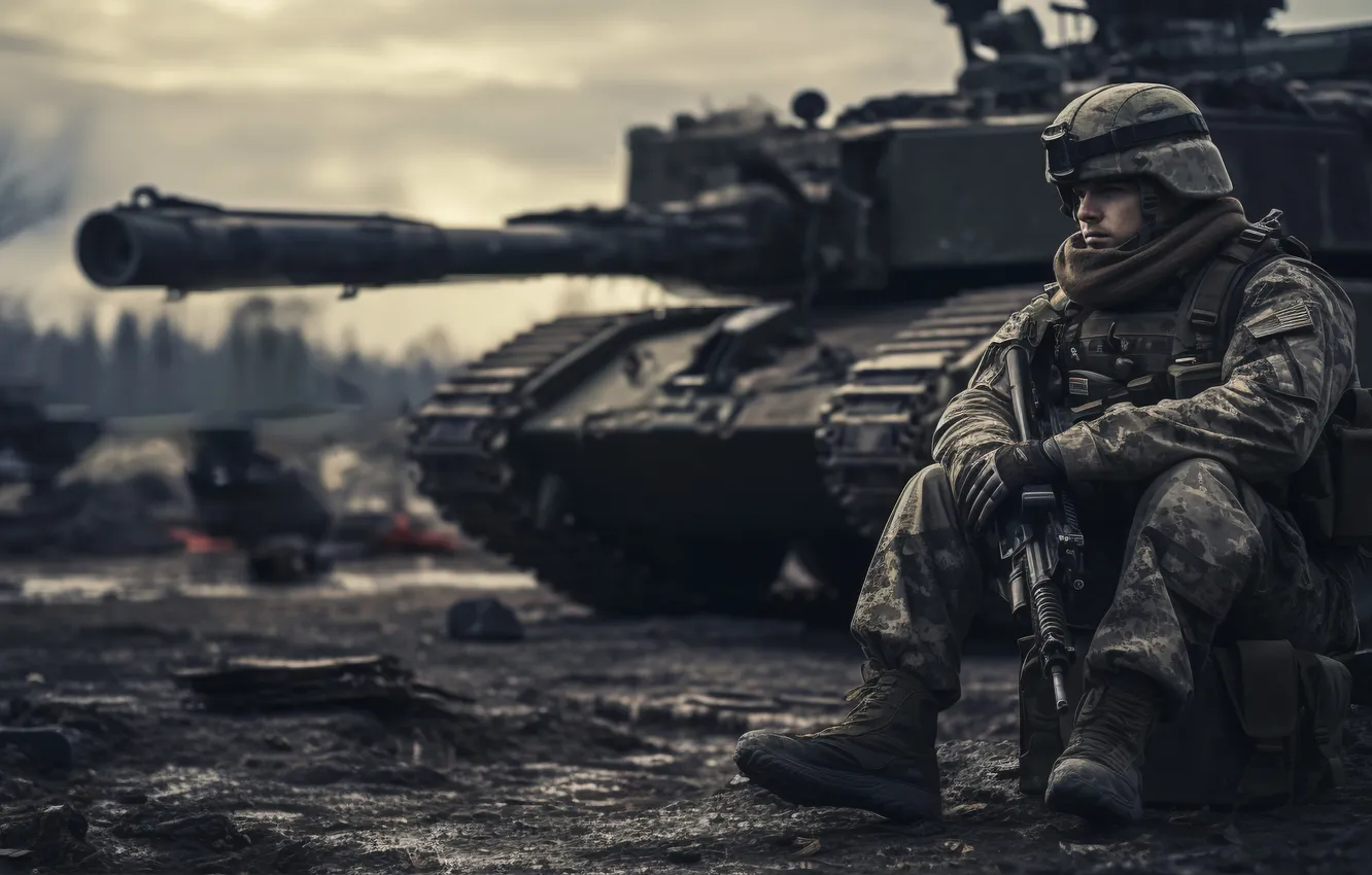 Photo wallpaper soldiers, machine, tank, helmet, digital art, AI art, The Art of Artificial Intelligence, neural network