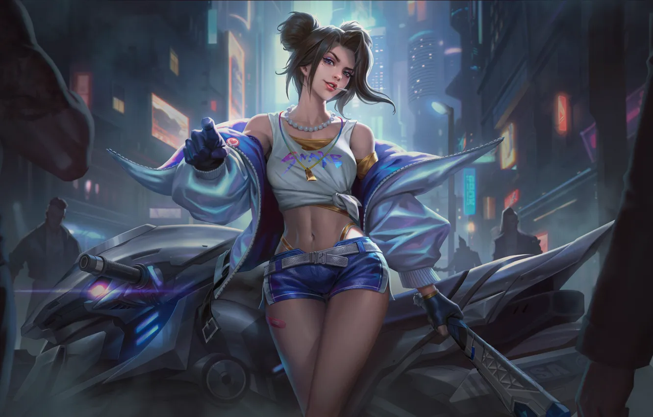 Photo wallpaper women, brunette, artwork, belly, vehicle, standing, futuristic, pants