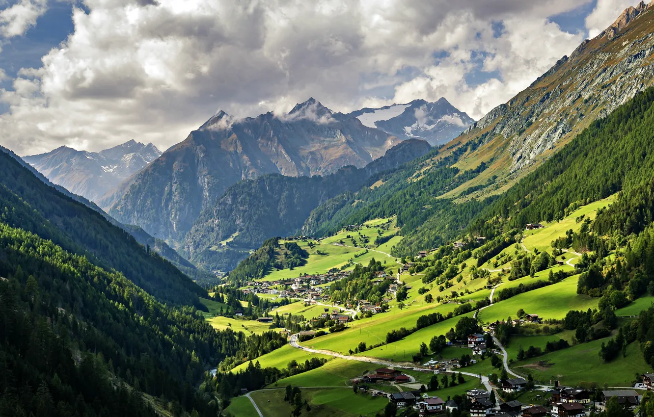 Photo wallpaper sky, mountains, clouds, beautiful landscape, town, alpine, rural area