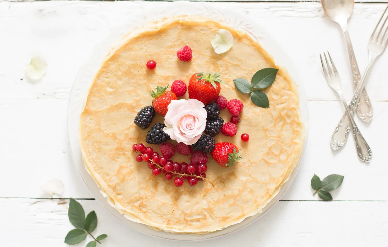 Photo wallpaper raspberry, roses, strawberry, pancakes, currants, BlackBerry