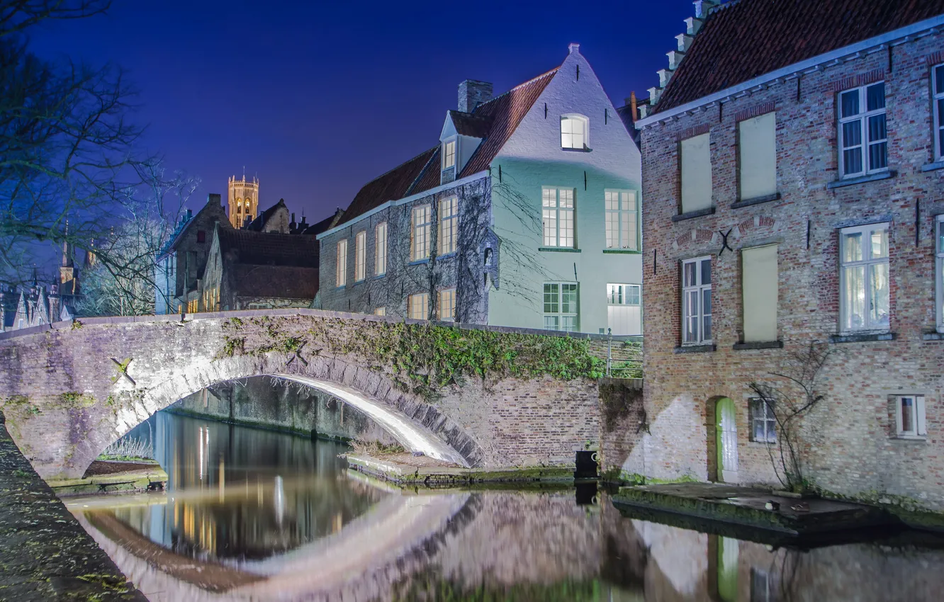 Photo wallpaper night, bridge, lights, home, support, channel, Belgium, Bruges
