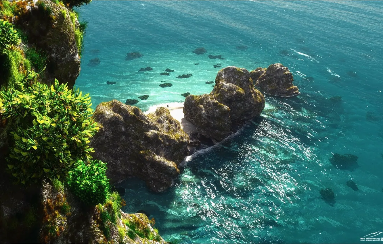 Photo wallpaper sea, rocks, shore, vegetation, Beautiful Turquoise