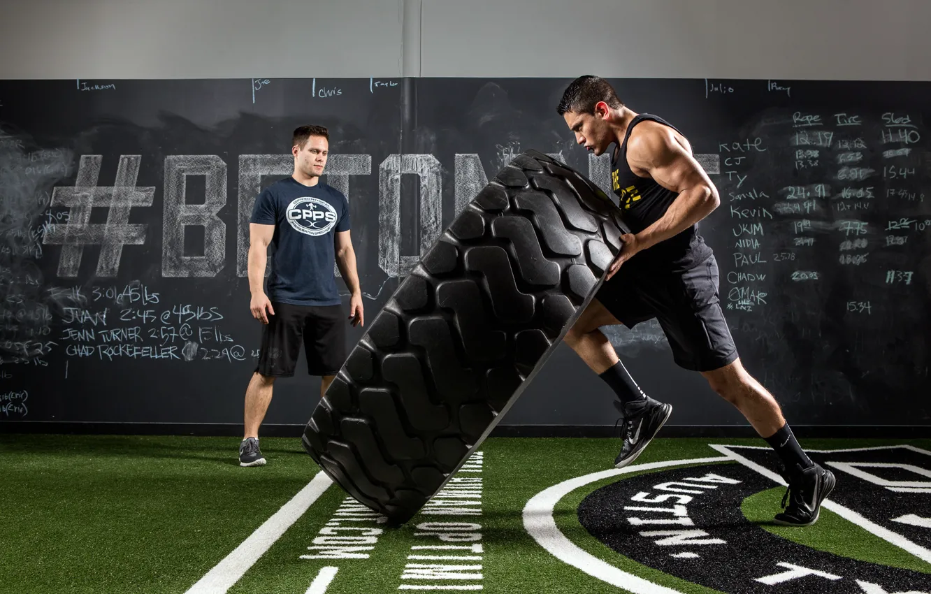 Photo wallpaper pose, strength, crossfit, giant tire