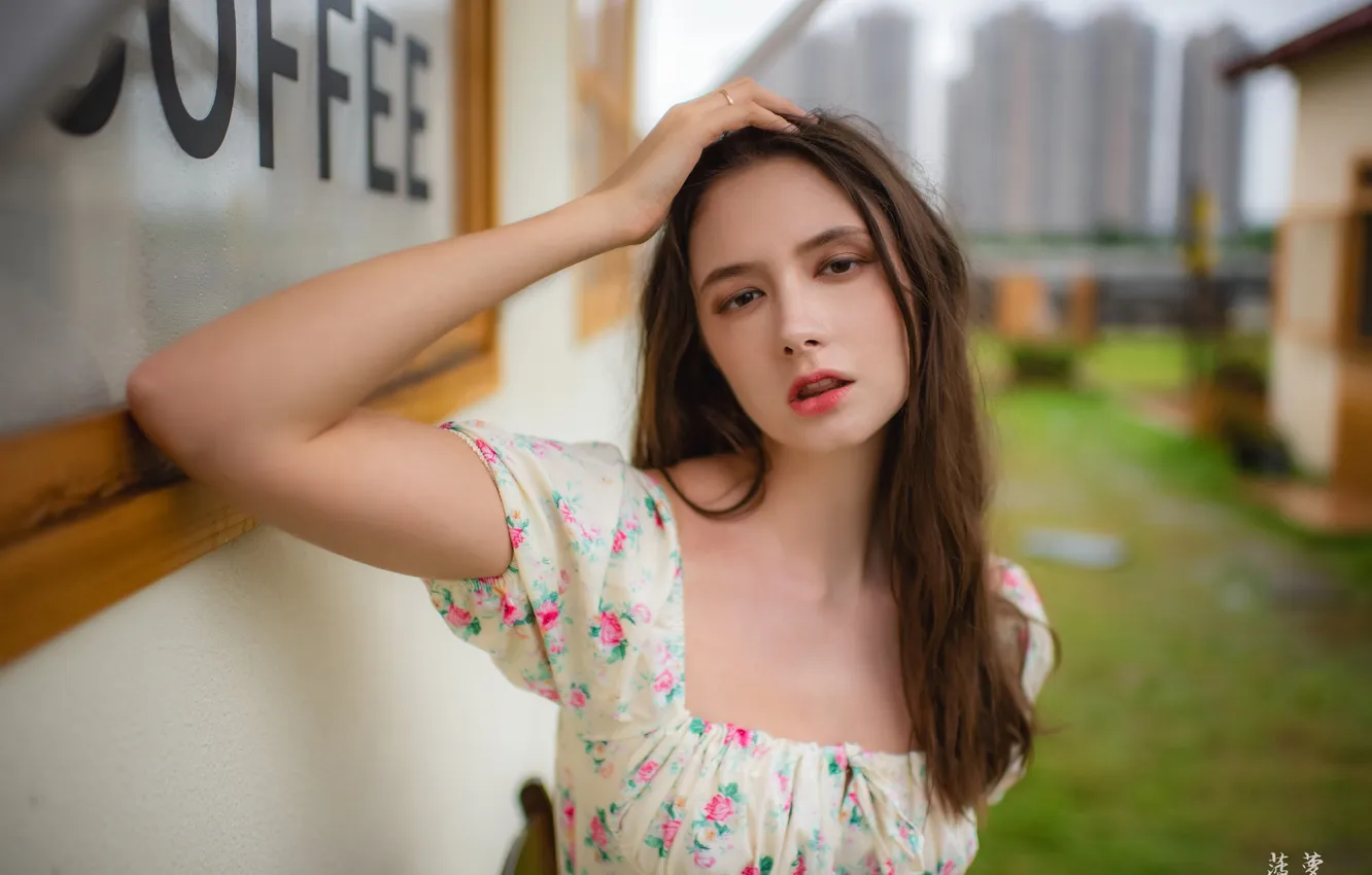 Photo wallpaper girl, grass, model, women, face, brunette, coffee, Disha Shemetova