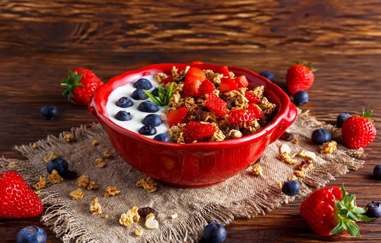Photo wallpaper berries, food, Breakfast, blueberries, strawberry, yogurt, oatmeal