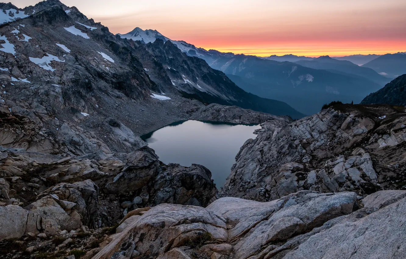 Photo wallpaper mountains, lake, rocks