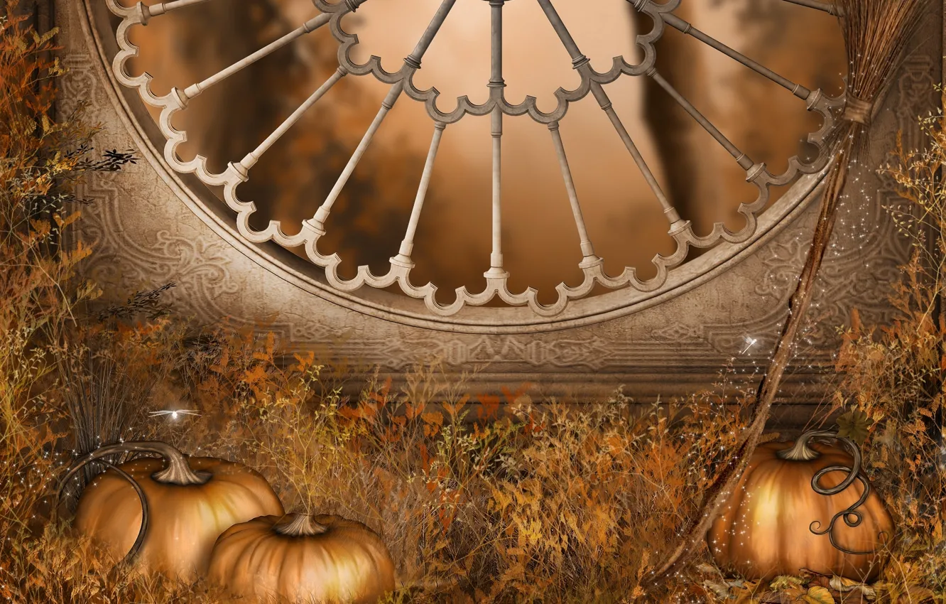 Photo wallpaper autumn, holiday, window, pumpkin, Halloween, Halloween, broom, autumn