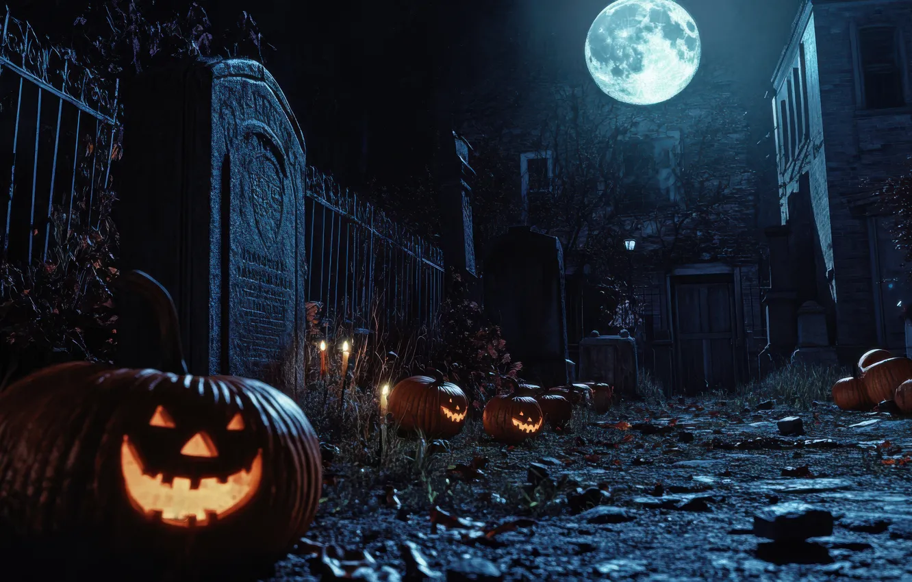 Photo wallpaper night, the moon, cemetery, Halloween, pumpkin, Halloween, horror, digital art