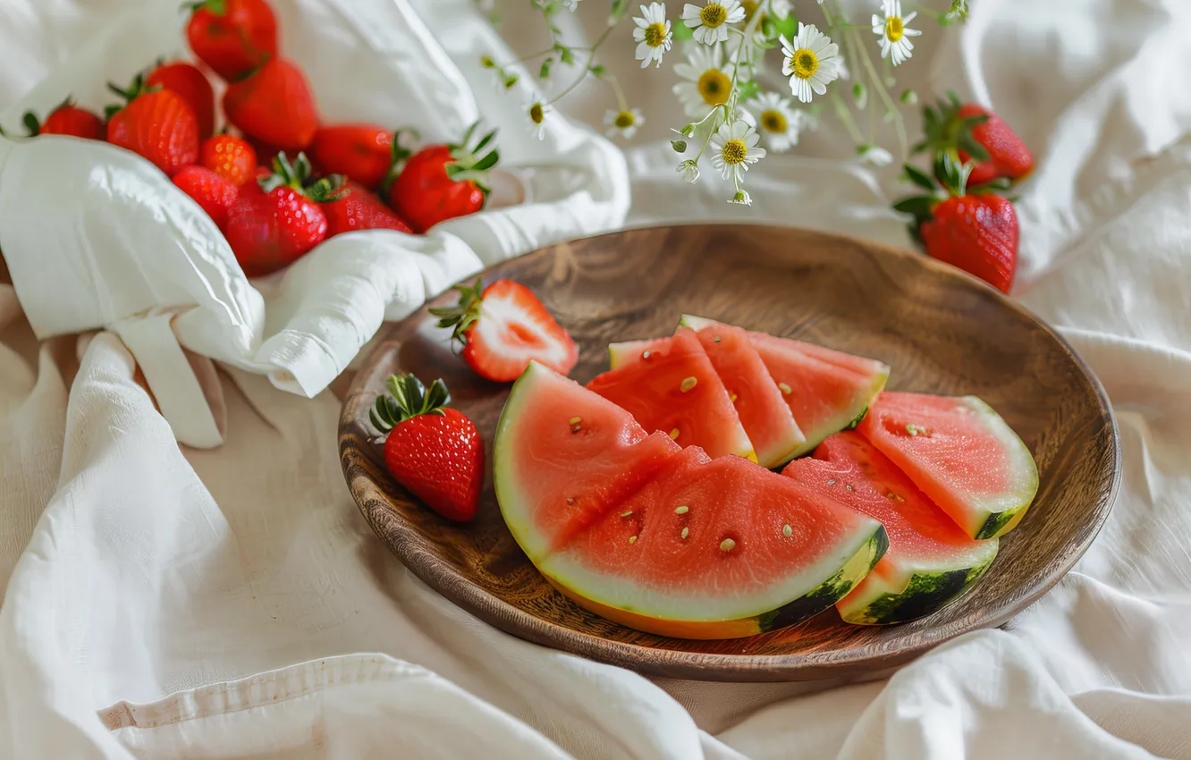 Photo wallpaper summer, flowers, berries, table, chamomile, towel, watermelon, strawberry