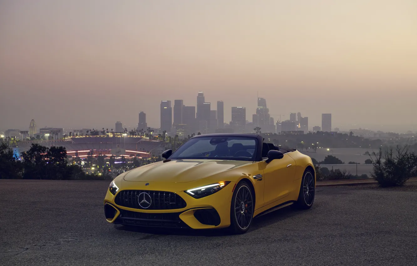 Photo wallpaper car, city, Mercedes-Benz, Mercedes, headlights, Mercedes-AMG, Mercedes-AMG SL 63