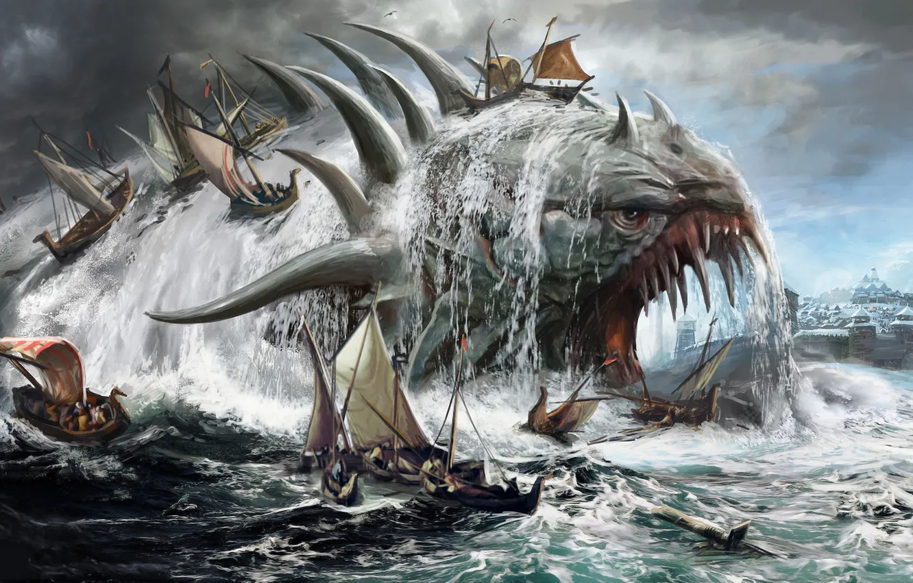 Photo wallpaper ship, sailboat, monster, mouth, fangs, sea monster