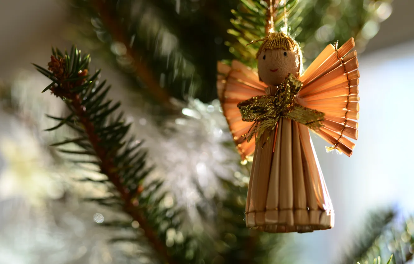 Photo wallpaper winter, branches, holiday, angel, Christmas, New year, needles, figure