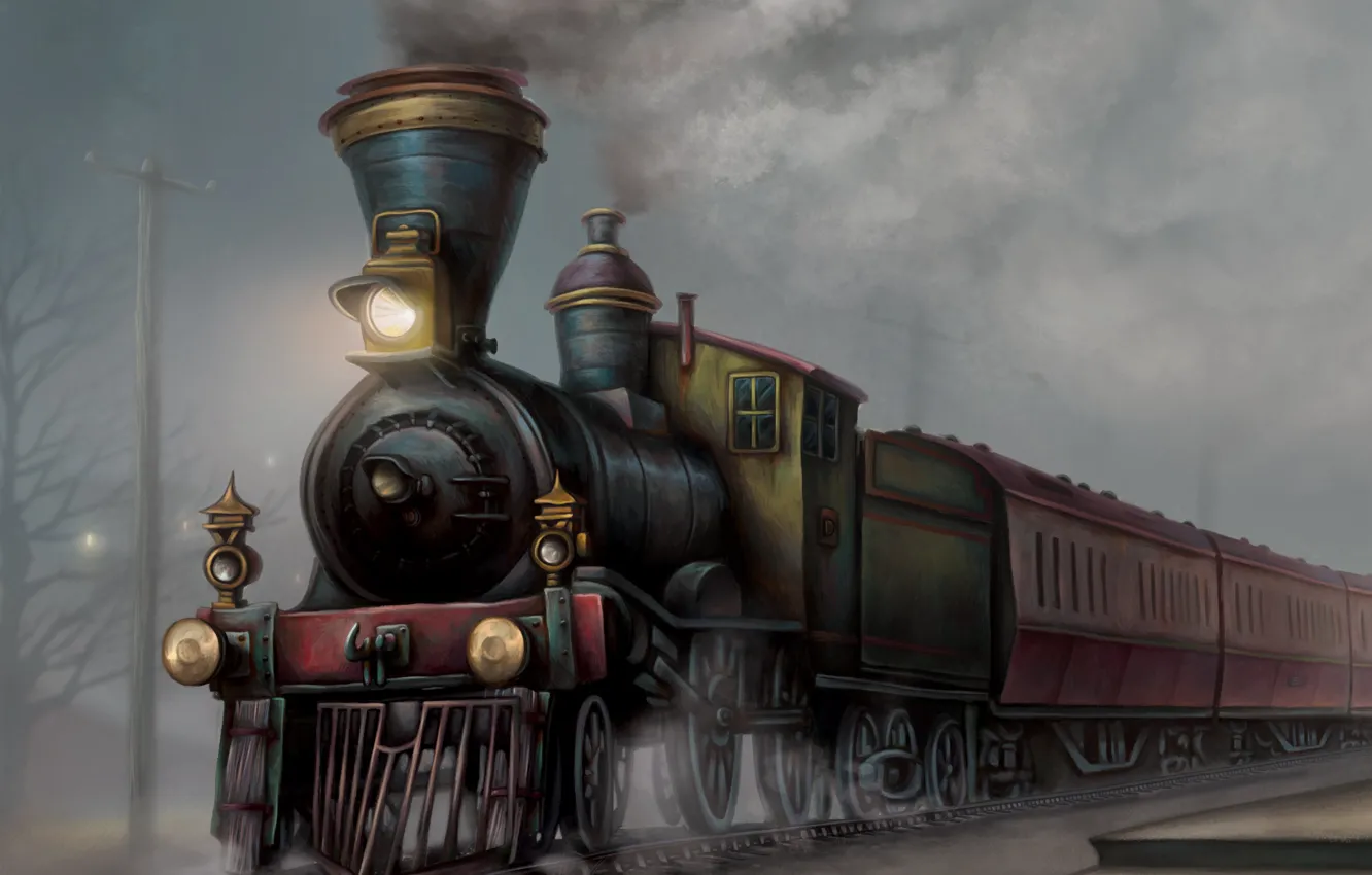 Photo wallpaper smoke, rails, train, art