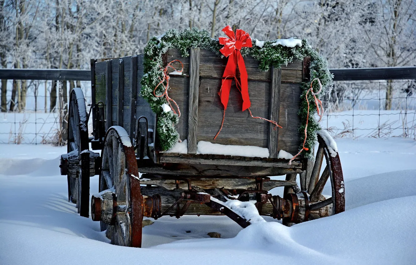 Photo wallpaper Christmas, the snow, bow, cart