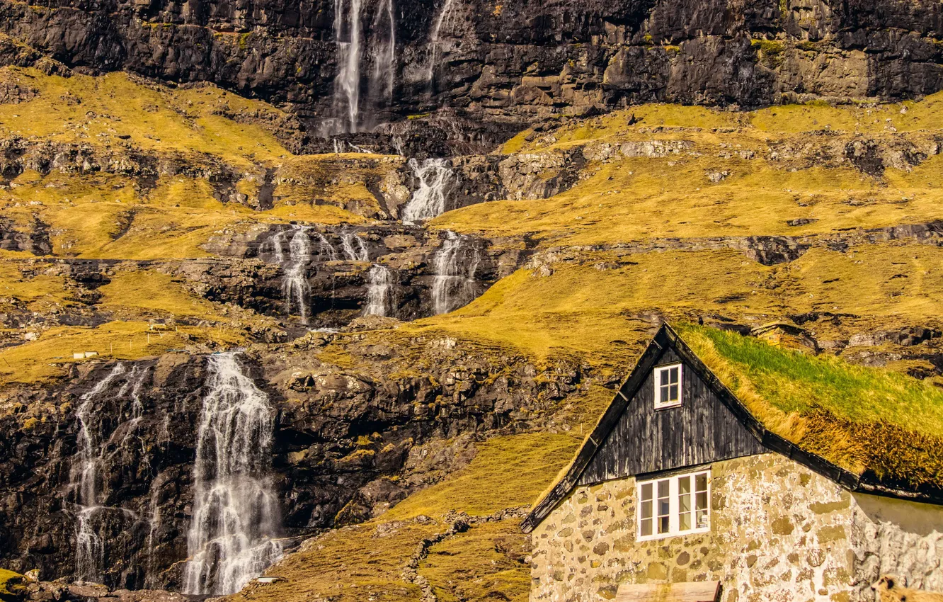 Photo wallpaper house, mountain, waterfall, Denmark, cascade, Faroe Islands, Faroe Islands, Denmark