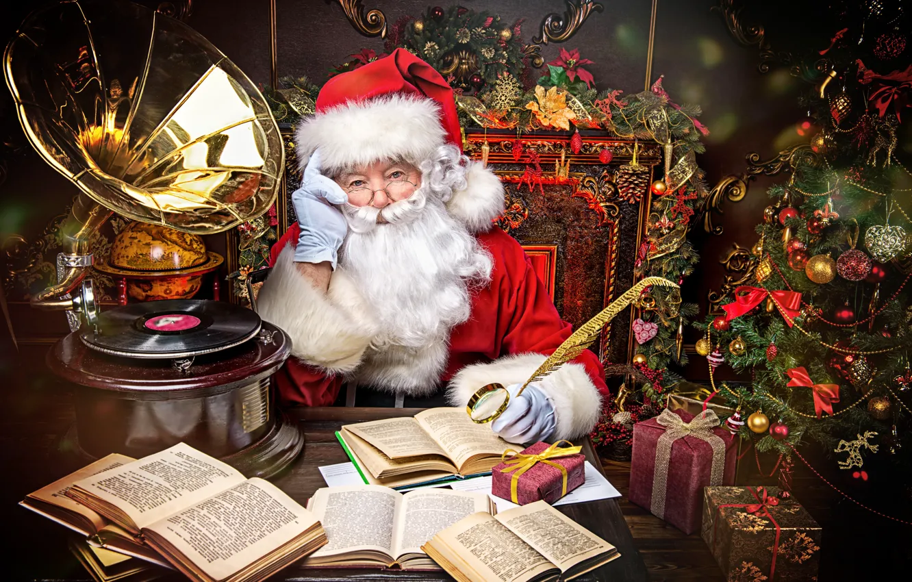 Photo wallpaper decoration, toys, books, gifts, tree, Santa Claus, gramophone