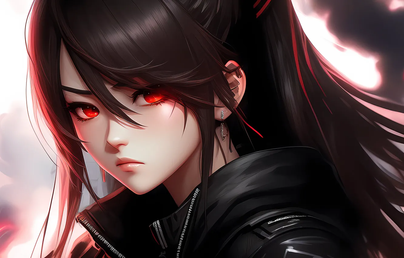 Photo wallpaper look, portrait, red eyes, bangs, digital art, digital art, artificial intelligence, Stable Diffusion