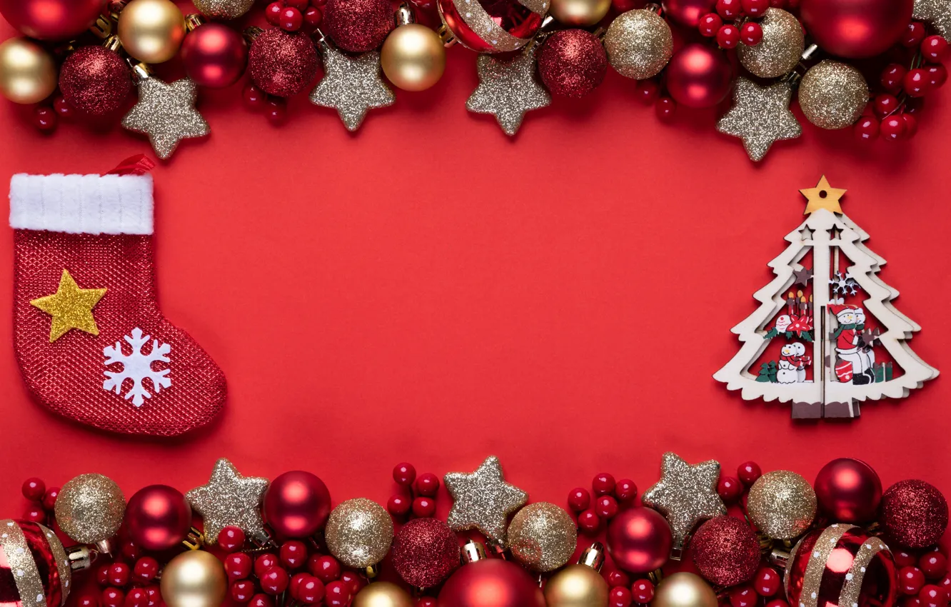 Photo wallpaper decoration, balls, new year, Christmas, red, Christmas, balls, New Year