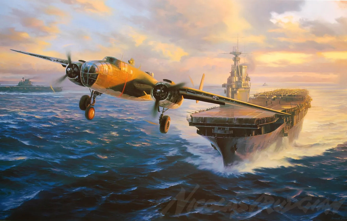 Photo wallpaper sea, wave, figure, ship, art, Tokyo, the carrier, the plane