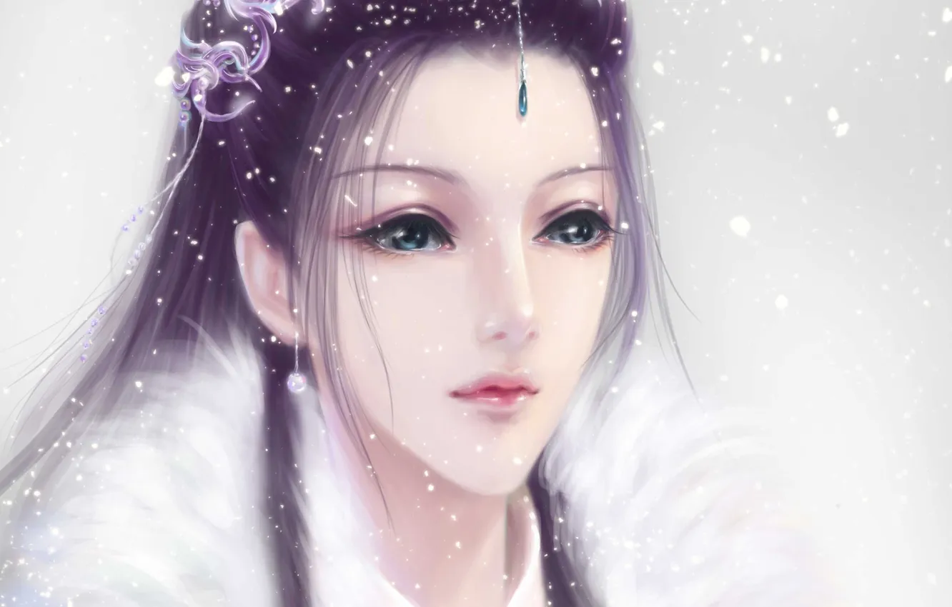 Photo wallpaper girl, snow, decoration, face, art, fur