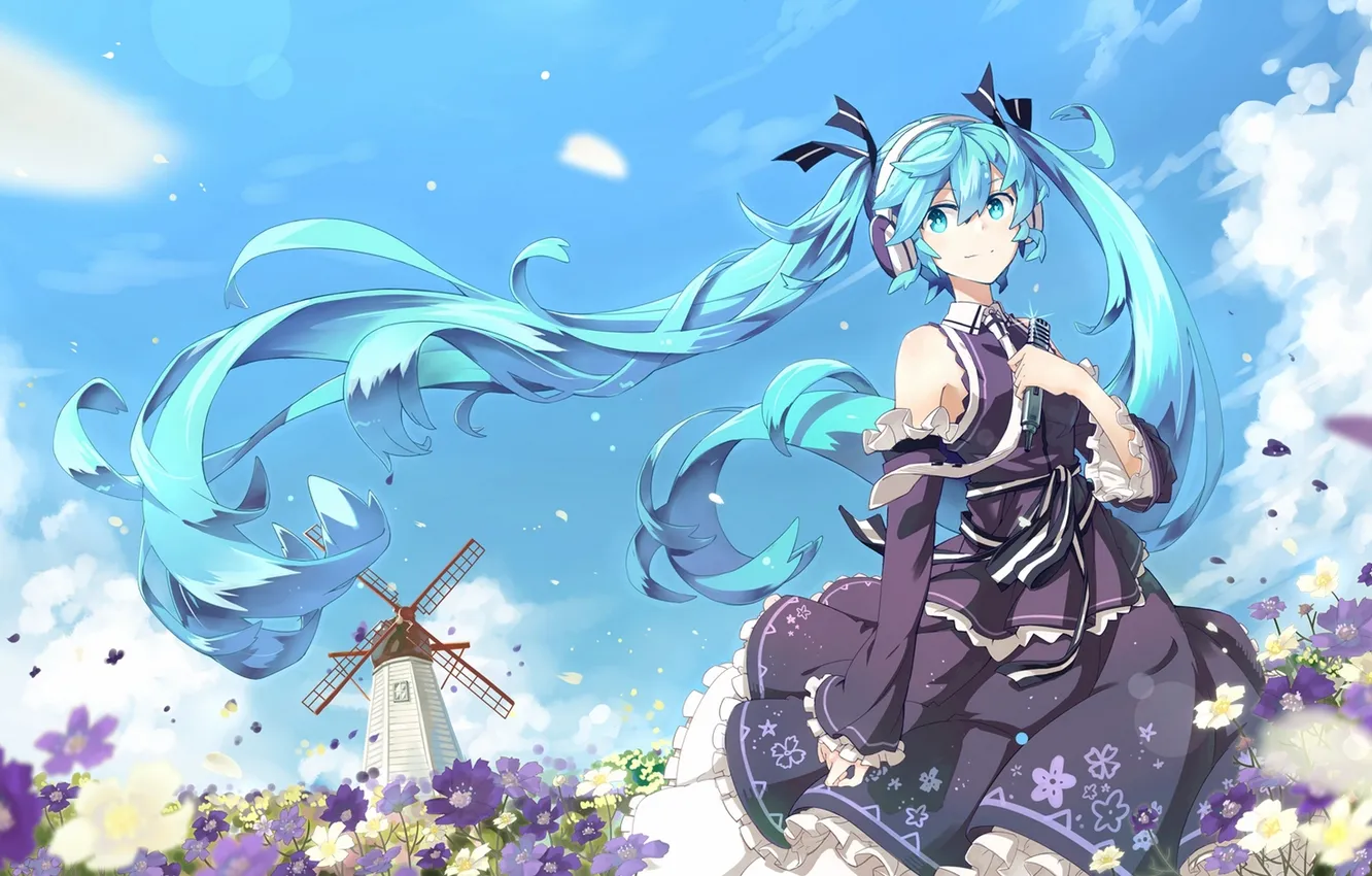 Photo wallpaper the sky, girl, clouds, flowers, anime, headphones, art, mill