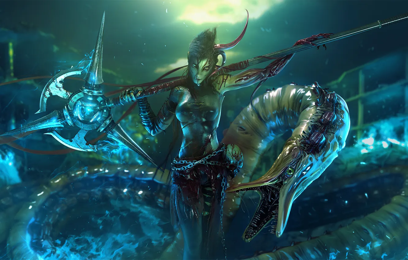 Photo wallpaper girl, smoke, skull, snake, monster, art, chain, staff