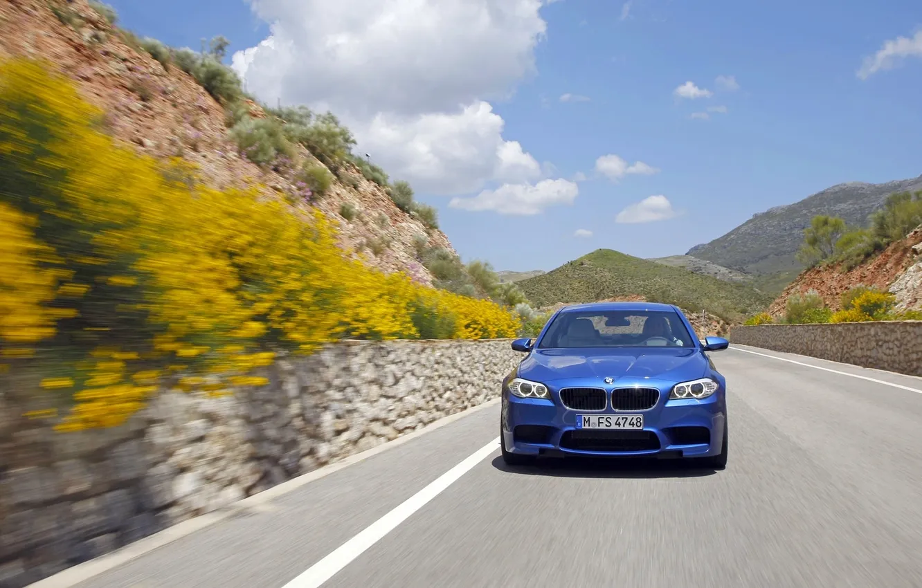 Photo wallpaper Clouds, Road, Mountains, Blue, BMW, Asphalt, Day, The front