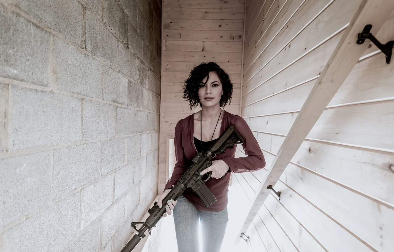 Photo wallpaper look, girl, weapons, assault rifle