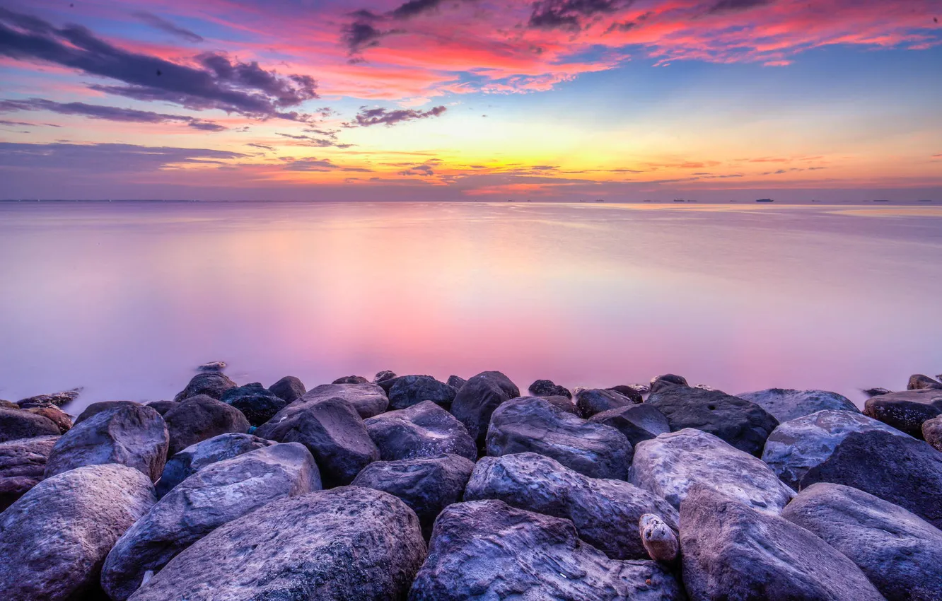 Photo wallpaper stones, the ocean, dawn, shore, horizon