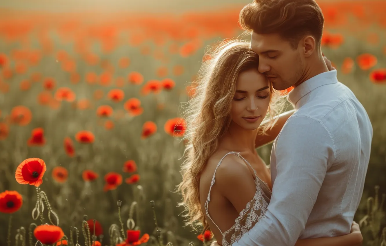 Photo wallpaper summer, girl, love, flowers, red, pose, Maki, hugs