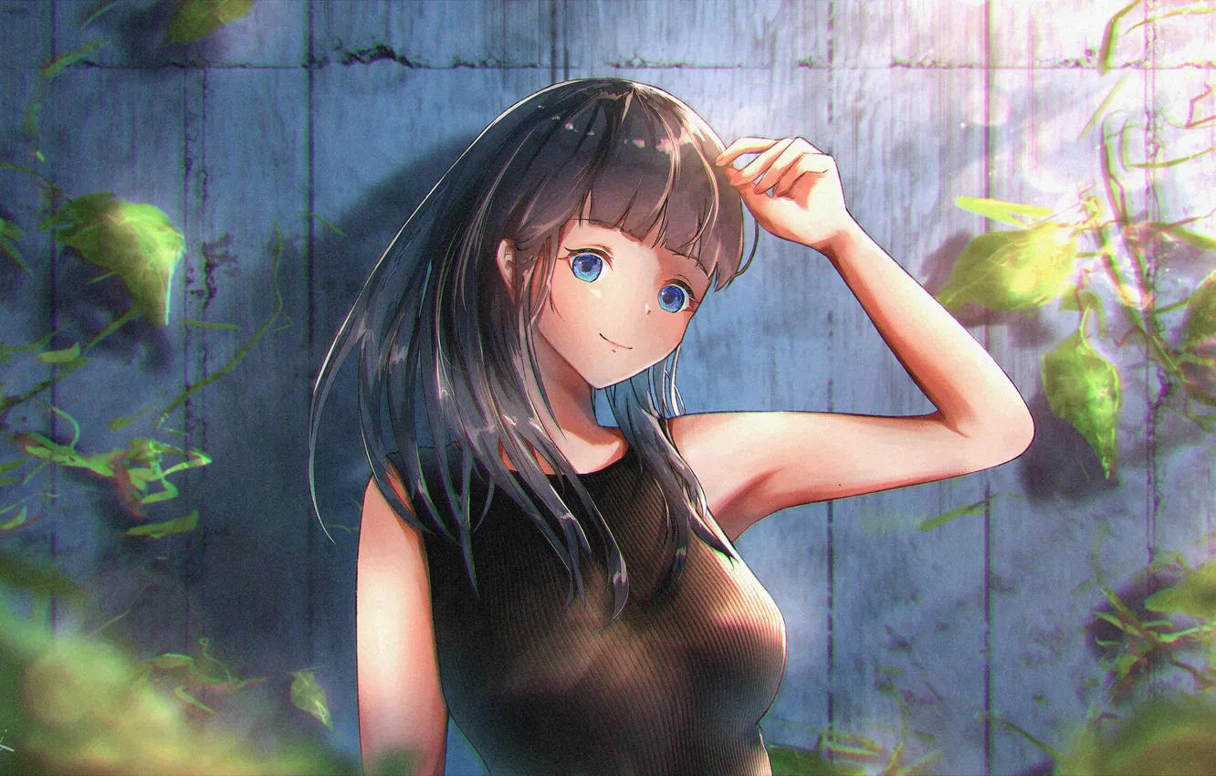 Photo wallpaper leaves, girl, wall