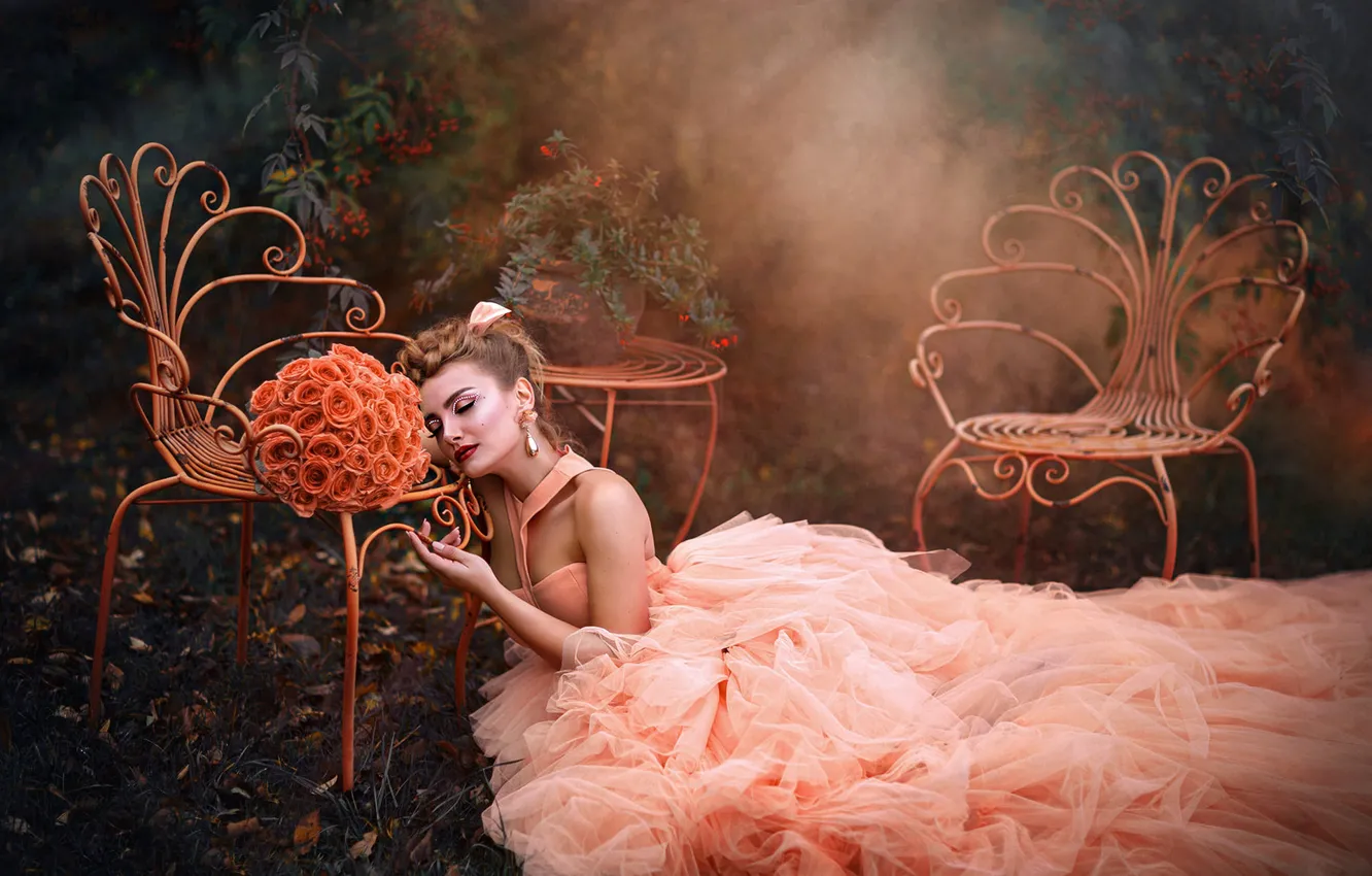 Photo wallpaper autumn, grass, girl, light, orange, nature, pose, fog