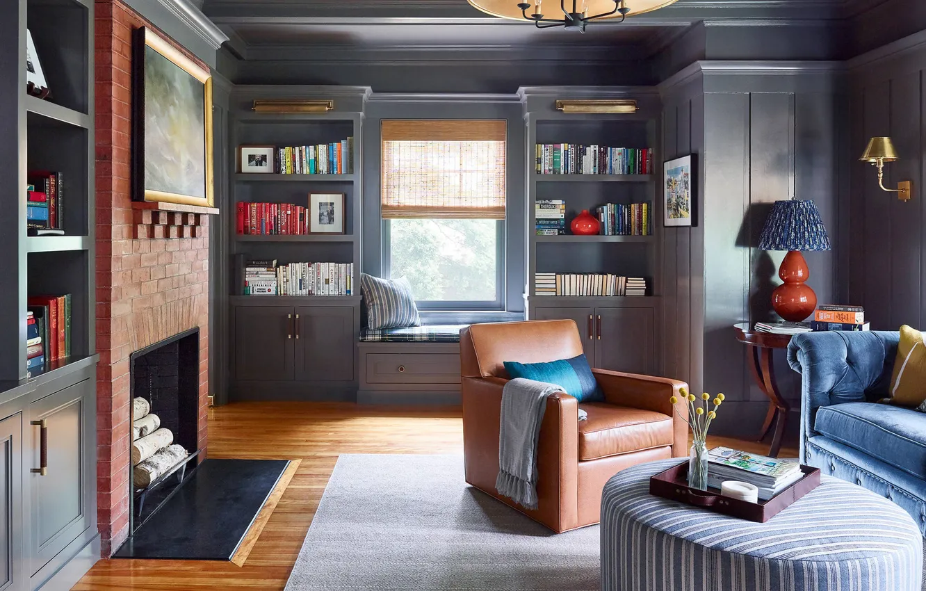 Photo wallpaper design, style, room, interior, chair, fireplace, library, sofa