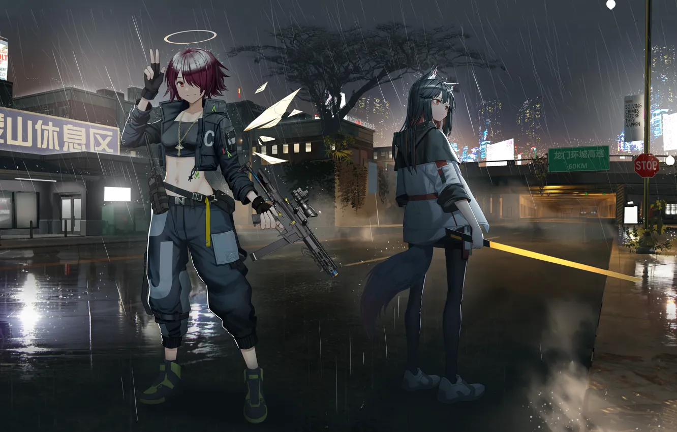 Photo wallpaper girl, the city, rain, Texas, Arknights, Exusiai