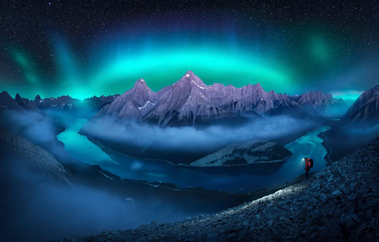 Photo wallpaper mountains, river, horizon, space, river, mountains, horizon, polar lights