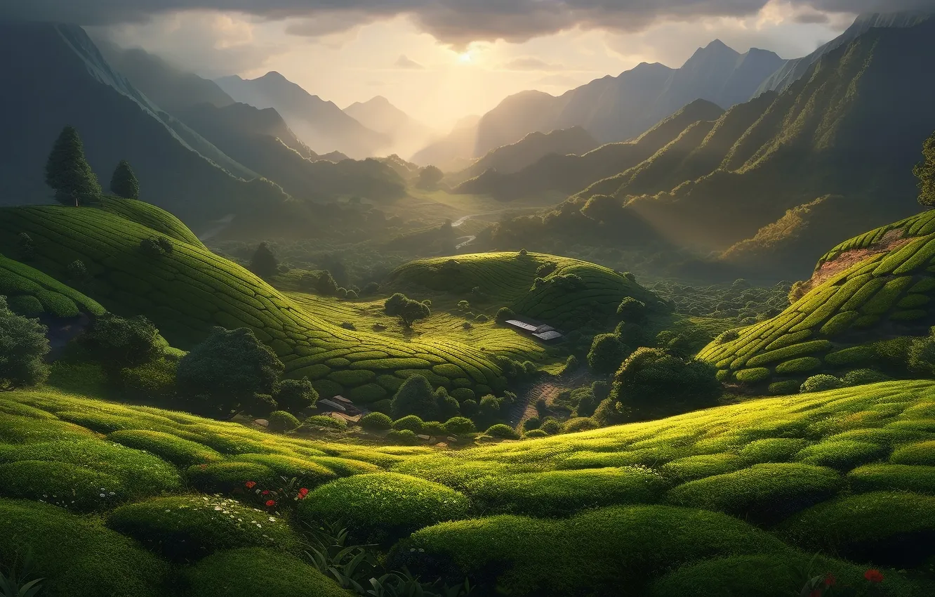 Photo wallpaper greens, field, nature, hills, peyzad, AI art, neural network