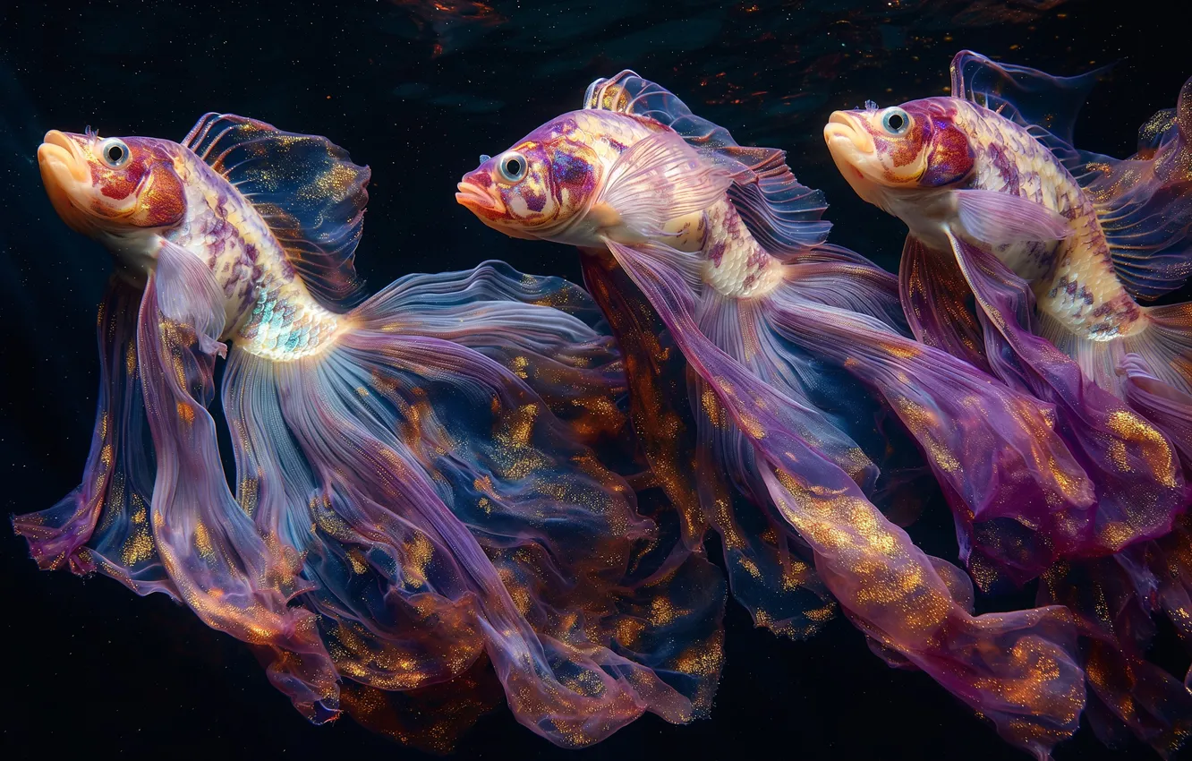 Photo wallpaper fish, fish, tail, trio, AI art, neural network