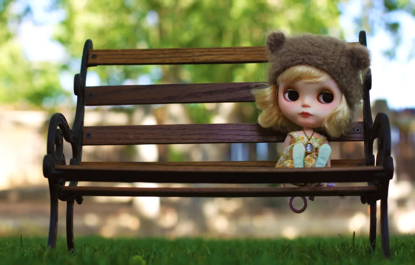 Photo wallpaper sadness, grass, bench, mood, hat, toy, doll, blonde