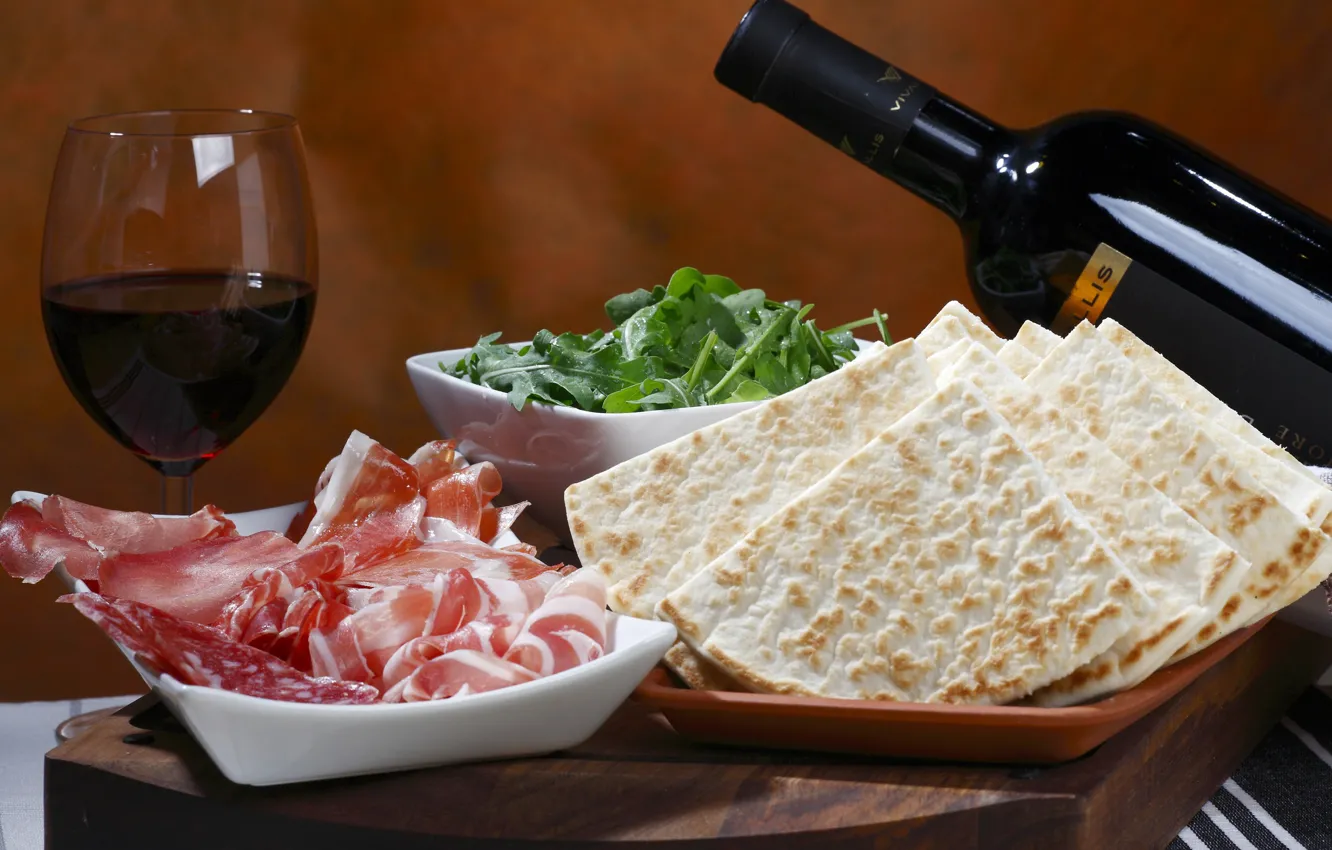 Photo wallpaper wine, glass, bacon, ham, pita