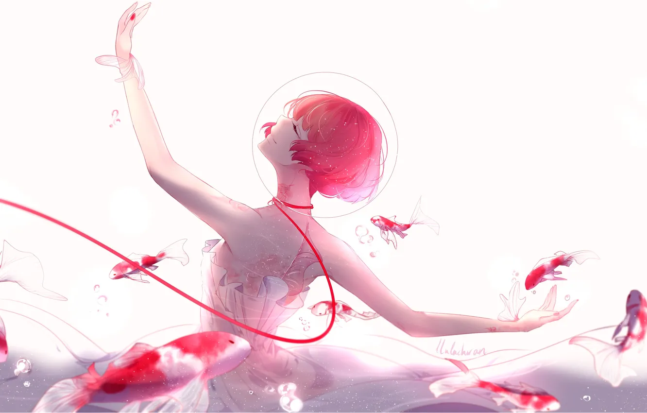 Photo wallpaper girl, fish, smile, anime, art, bubble, under water, thread