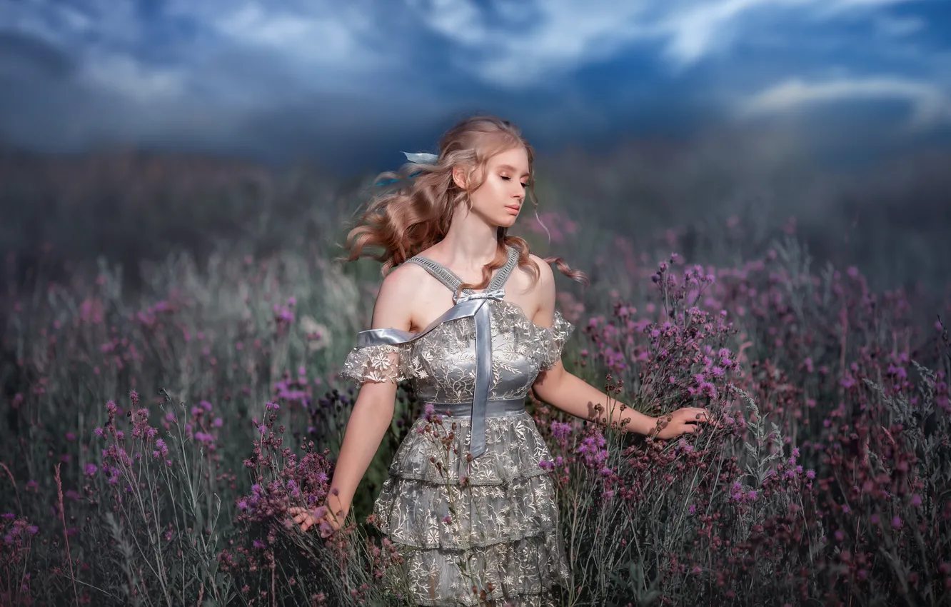 Photo wallpaper field, grass, girl, nature, dress, blonde, shoulders, curls