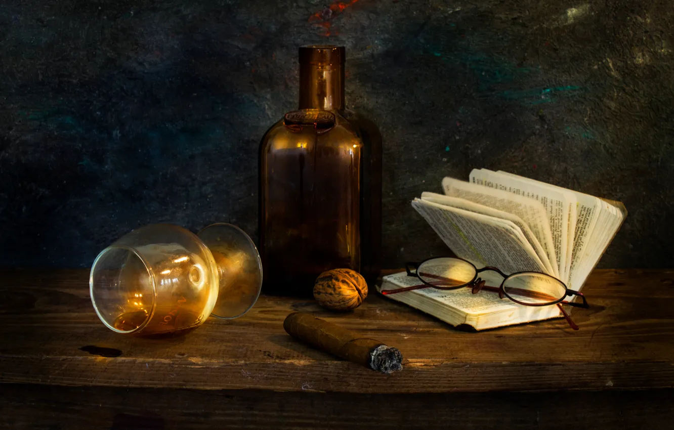 Photo wallpaper glass, glasses, cigar, book, nuts, Past midnight